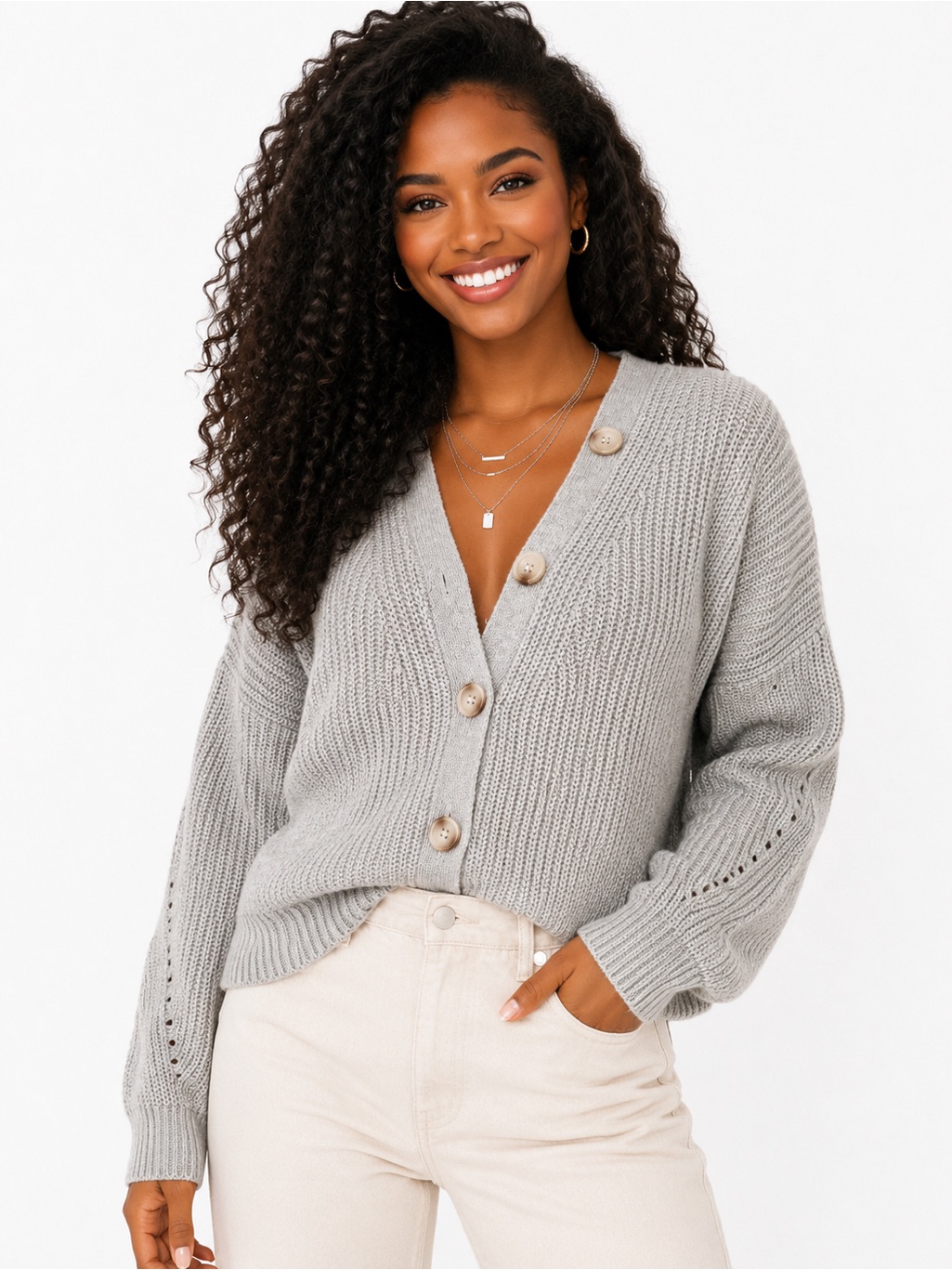 2 For $20- Line & Dot Light Gray Cardigan Sweater (0030)